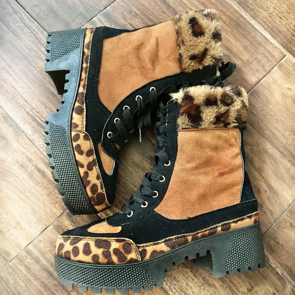 Camel and Black Faux Leopard Fur Lug Ankle Boots
